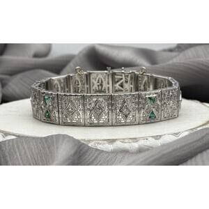 14k White Gold & Platinum Diamond & Emerald Bracelet 23.1G / 7 In / 12.83 mm